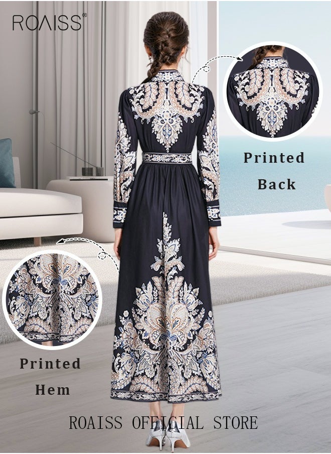 roaiss - Women Embroidered Belted Shirt Dress Full Sleeved Slim Waist Belted Button Print Casual Muslim Long Dress Outfits Floral Print Mock Neck Long Sleeve Women Casual Long Dress - Image 1