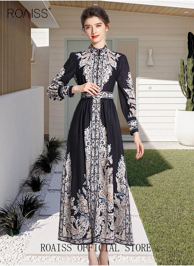 roaiss - Women Embroidered Belted Shirt Dress Full Sleeved Slim Waist Belted Button Print Casual Muslim Long Dress Outfits Floral Print Mock Neck Long Sleeve Women Casual Long Dress - Image 1