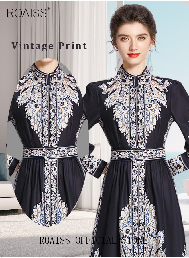 roaiss - Women Embroidered Belted Shirt Dress Full Sleeved Slim Waist Belted Button Print Casual Muslim Long Dress Outfits Floral Print Mock Neck Long Sleeve Women Casual Long Dress - Image 1