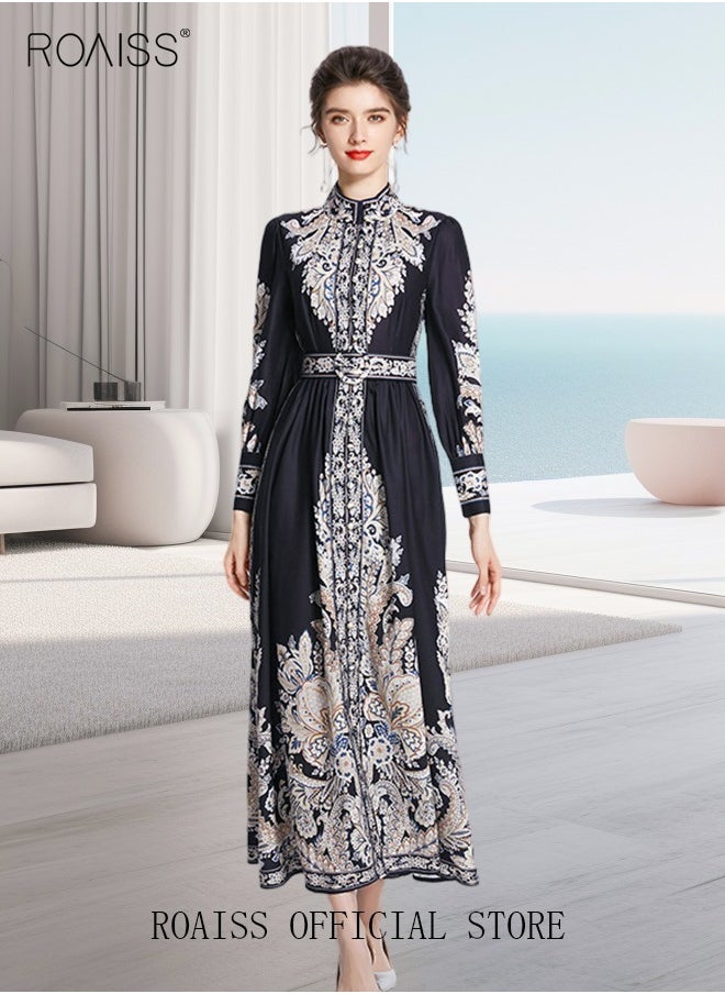roaiss - Women Embroidered Belted Shirt Dress Full Sleeved Slim Waist Belted Button Print Casual Muslim Long Dress Outfits Floral Print Mock Neck Long Sleeve Women Casual Long Dress - Image 1