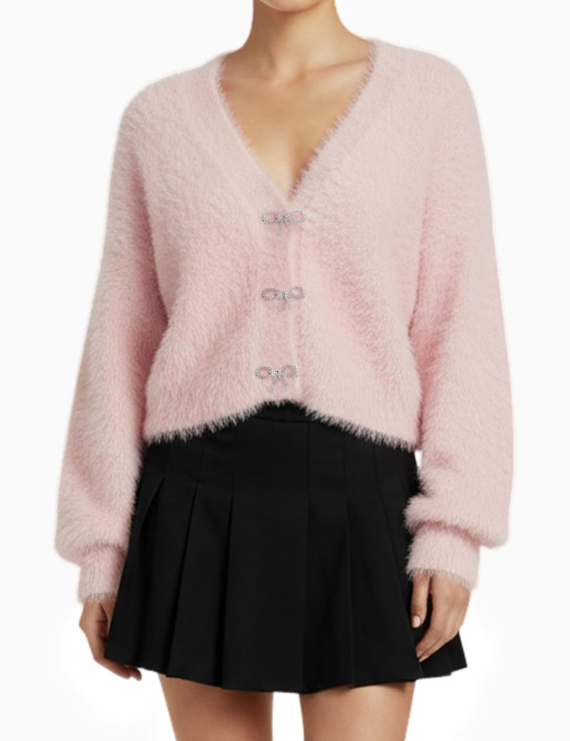 Yimoon Women's Cropped Fuzzy Cardigan Sweater Bowknot Brooch Button Knit Cardigans V Neck Long Sleeve Soft Knitwear(Pink-L) - Image 1