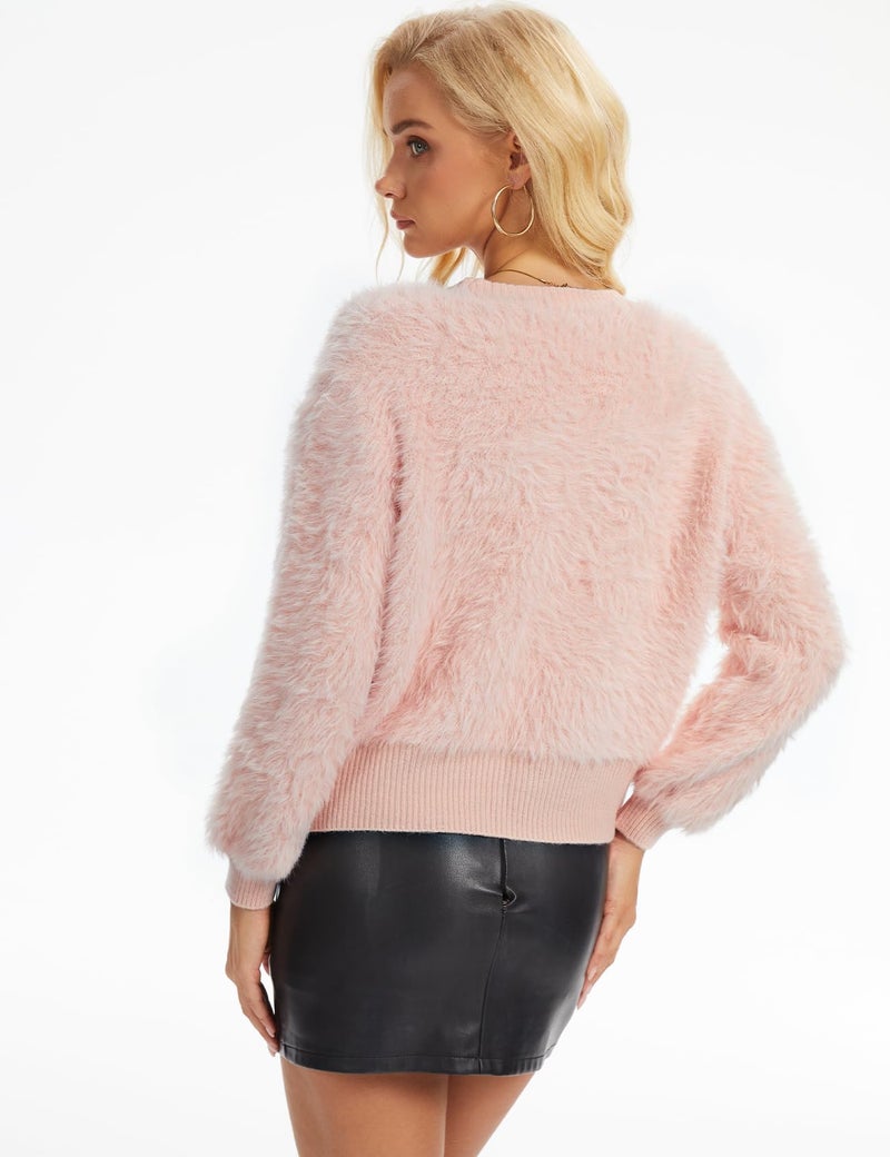 Yimoon Women's Cropped Fuzzy Cardigan Sweater Bowknot Brooch Button Knit Cardigans V Neck Long Sleeve Soft Knitwear(Pink-L) - Image 2