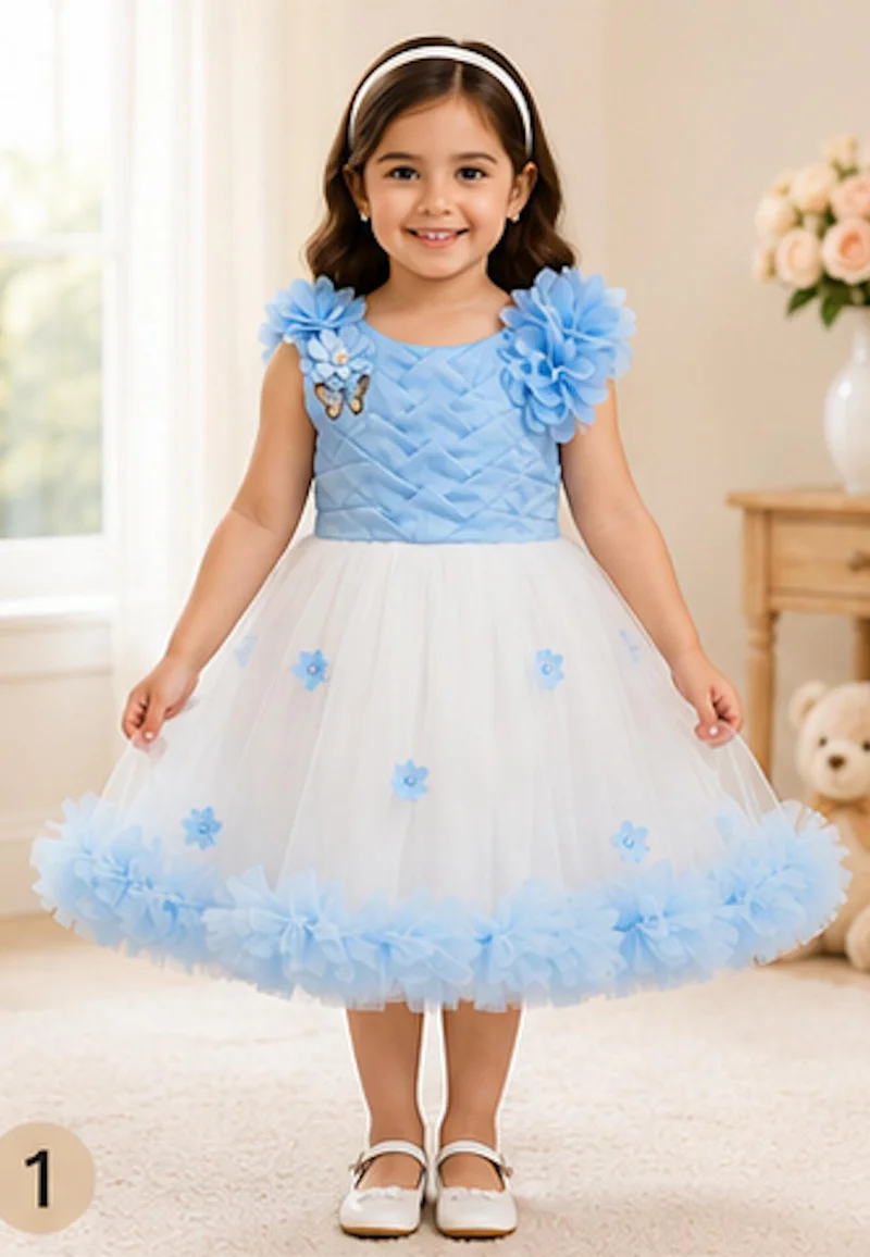 أرتيميا Artemea Toddler Girls Floral Appliqué Mesh Fit & Flare Party Dress - Blue & White