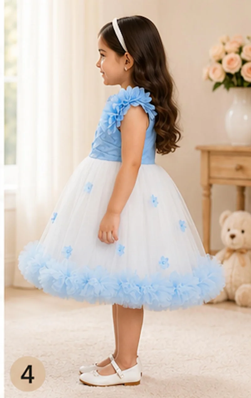 أرتيميا Artemea Toddler Girls Floral Appliqué Mesh Fit & Flare Party Dress - Blue & White