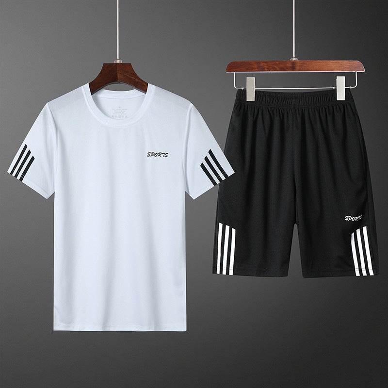Generic Summer Casual Sports Suit Mens Short-sleeved T-shirt Loose Large Size Shorts Two-piece Running Fitness Quick-drying Suit White 