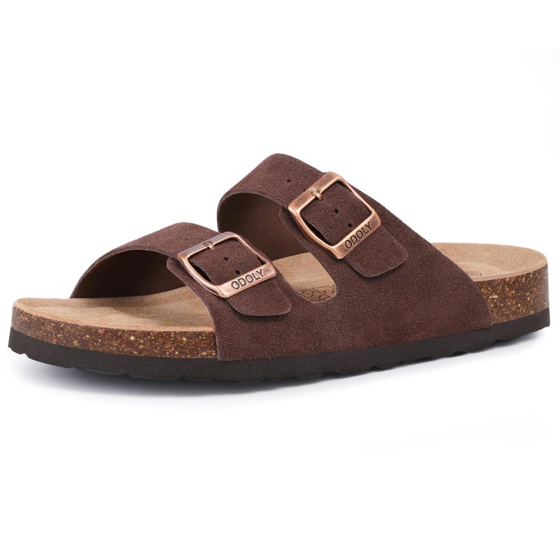 ODOLY Unisex Cork Footbed Slide Sandal, Arch Support Summer Outdoor Sandals with Adjustable Buckle for Women and Men, Brown Suede 39 (8-8.5 Women/6.5-7 Men) - Image 1