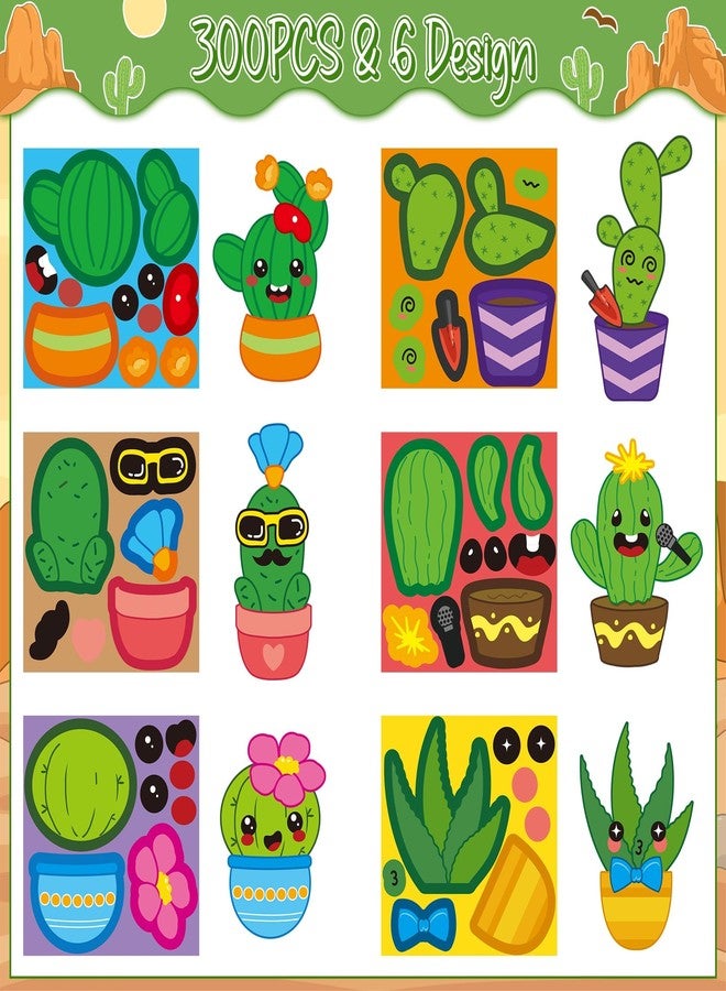 Haooryx Cactus DIY Sticker Roll - 300Pcs Make Your Own Make A Summer Cactus Face Stickers Self-Adhesive Waterproof Vinyl Water Bottle Page Activity Pad Art Craft Scrapbooking Party Favor Greeting Card - Image 2