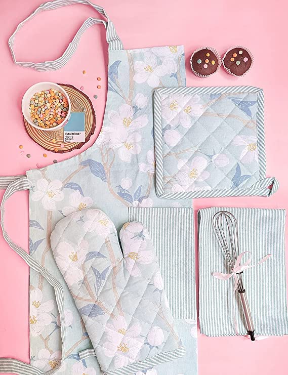 PIXEL HOME DECOR Printed Apron With Oven Mitt and Pot Holder with Kitchen Towel - Cherry Blossom Collection (Teal Blossom) - Image 3