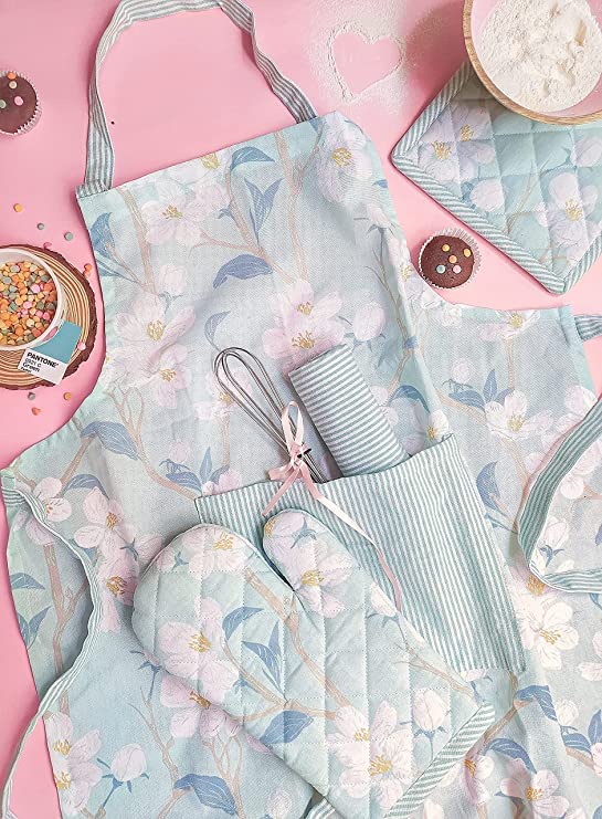 PIXEL HOME DECOR Printed Apron With Oven Mitt and Pot Holder with Kitchen Towel - Cherry Blossom Collection (Teal Blossom) - Image 4