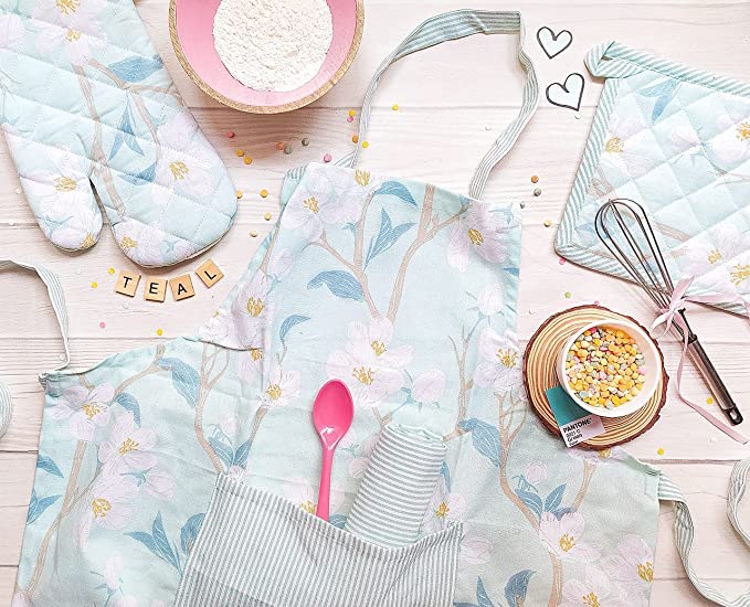 PIXEL HOME DECOR Printed Apron With Oven Mitt and Pot Holder with Kitchen Towel - Cherry Blossom Collection (Teal Blossom) - Image 2