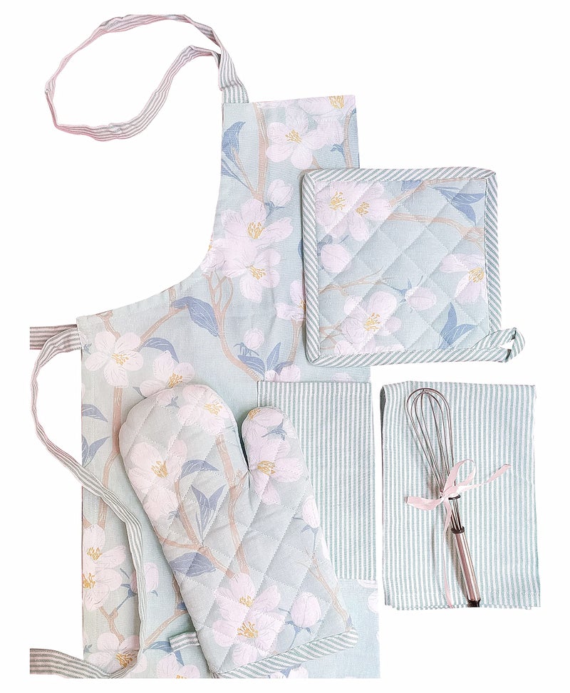 PIXEL HOME DECOR Printed Apron With Oven Mitt and Pot Holder with Kitchen Towel - Cherry Blossom Collection (Teal Blossom) - Image 1