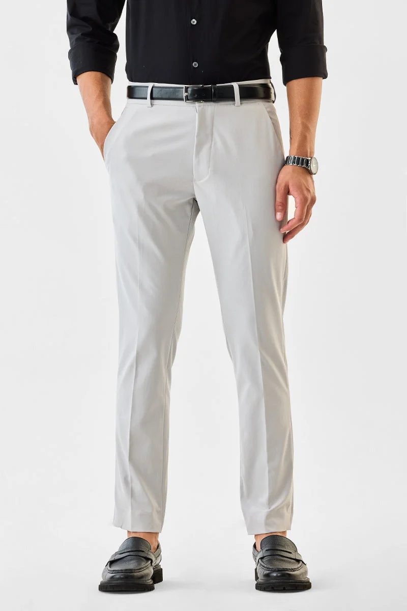 SNITCH Light Grey Solid Slim Fit Formal Trousers