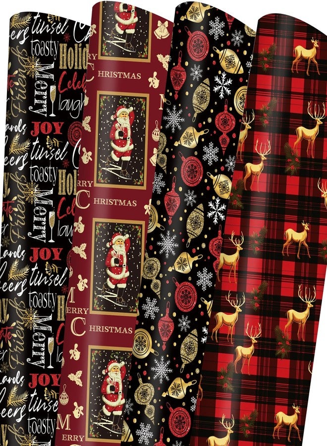 Vnaaem Vintage Christmas Wrapping Paper Red Black Gift Wrap Christmas Text Bufflao Plaid and Reindeer Design for Holiday Party Celebration - 20 X 28Inches Per Sheet(8 Pack) - Image 1