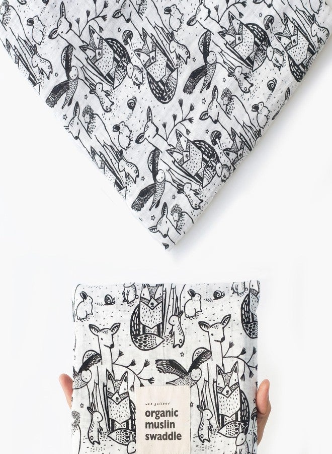 Wee Gallery, Organic Muslin Swaddle - Forest - Woodland Animals Design, Black and White for Baby Visual Development, Quality Cotton Swaddling or Receiving Blanket - Image 1