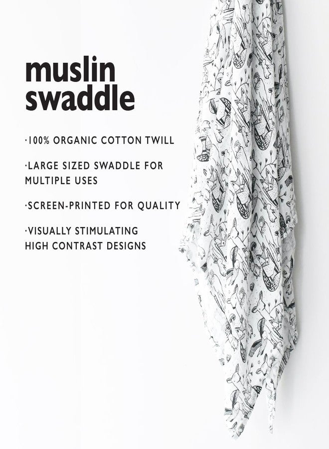 Wee Gallery, Organic Muslin Swaddle - Forest - Woodland Animals Design, Black and White for Baby Visual Development, Quality Cotton Swaddling or Receiving Blanket - Image 4