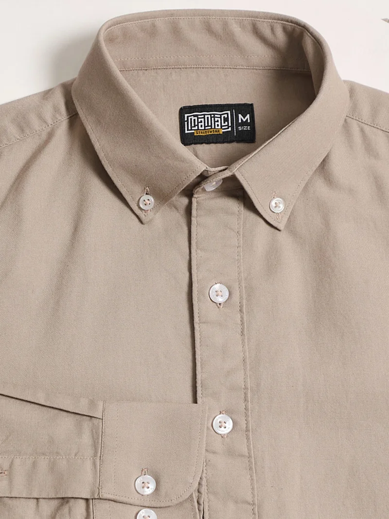 Maniac  Maniac Mens Solid Collared Neck Full Sleeve Oxford Linen Blend Fabric Taupe Shirt for Men | Best Price UAE