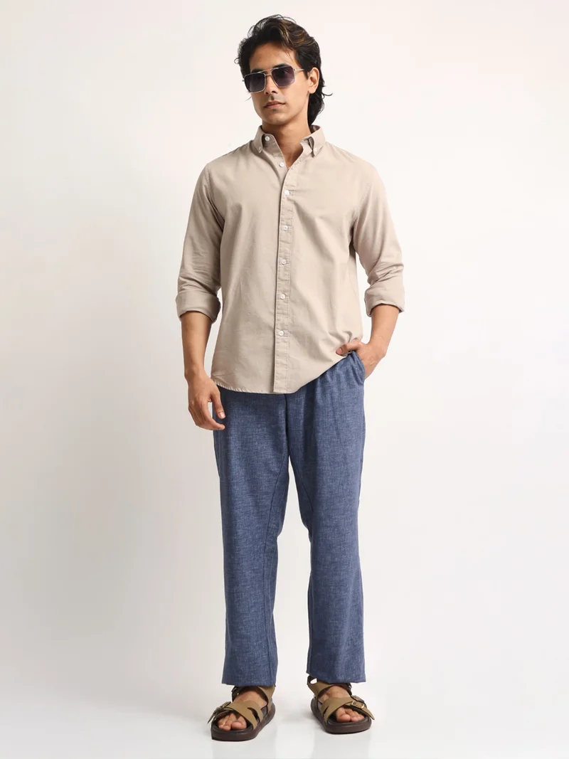 Maniac  Maniac Mens Solid Collared Neck Full Sleeve Oxford Linen Blend Fabric Taupe Shirt for Men | Best Price UAE