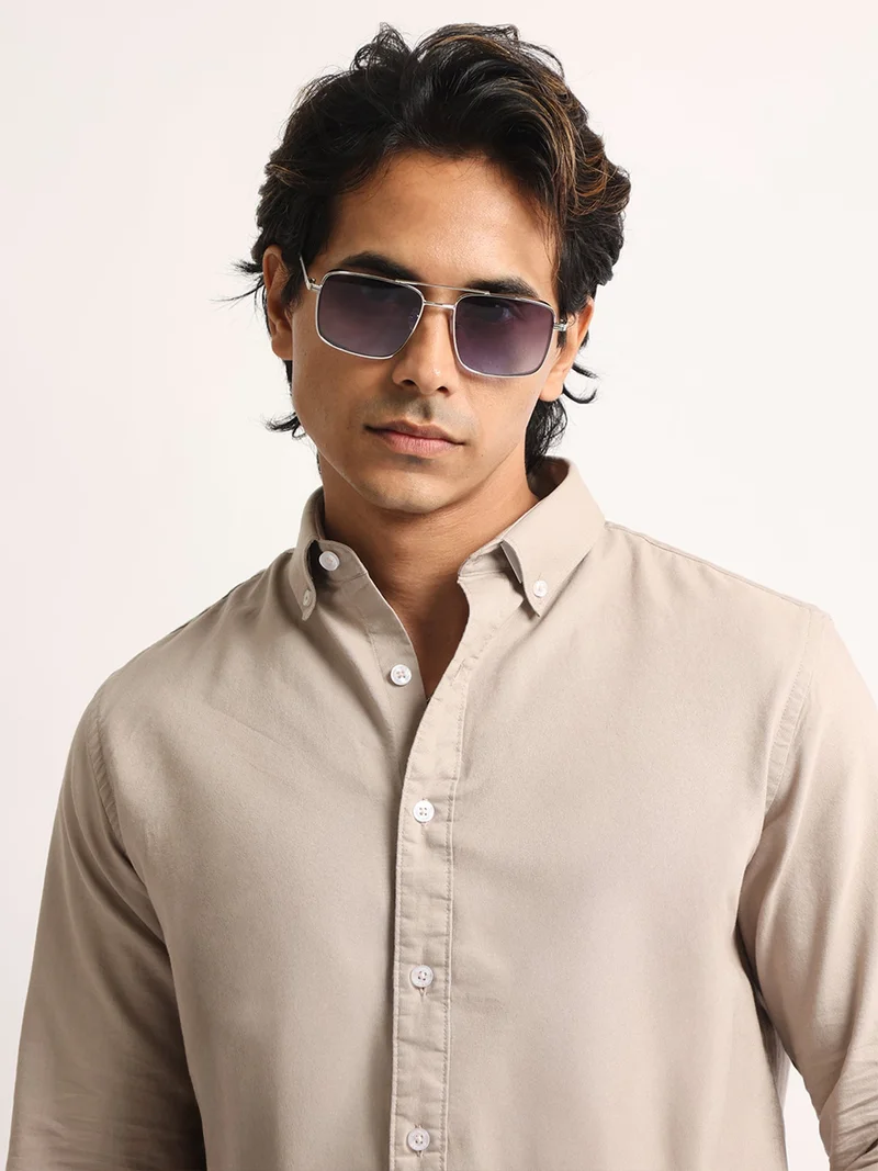 مانياك Maniac Mens Solid Collared Neck Full Sleeve Oxford Linen Blend Fabric Taupe Shirt