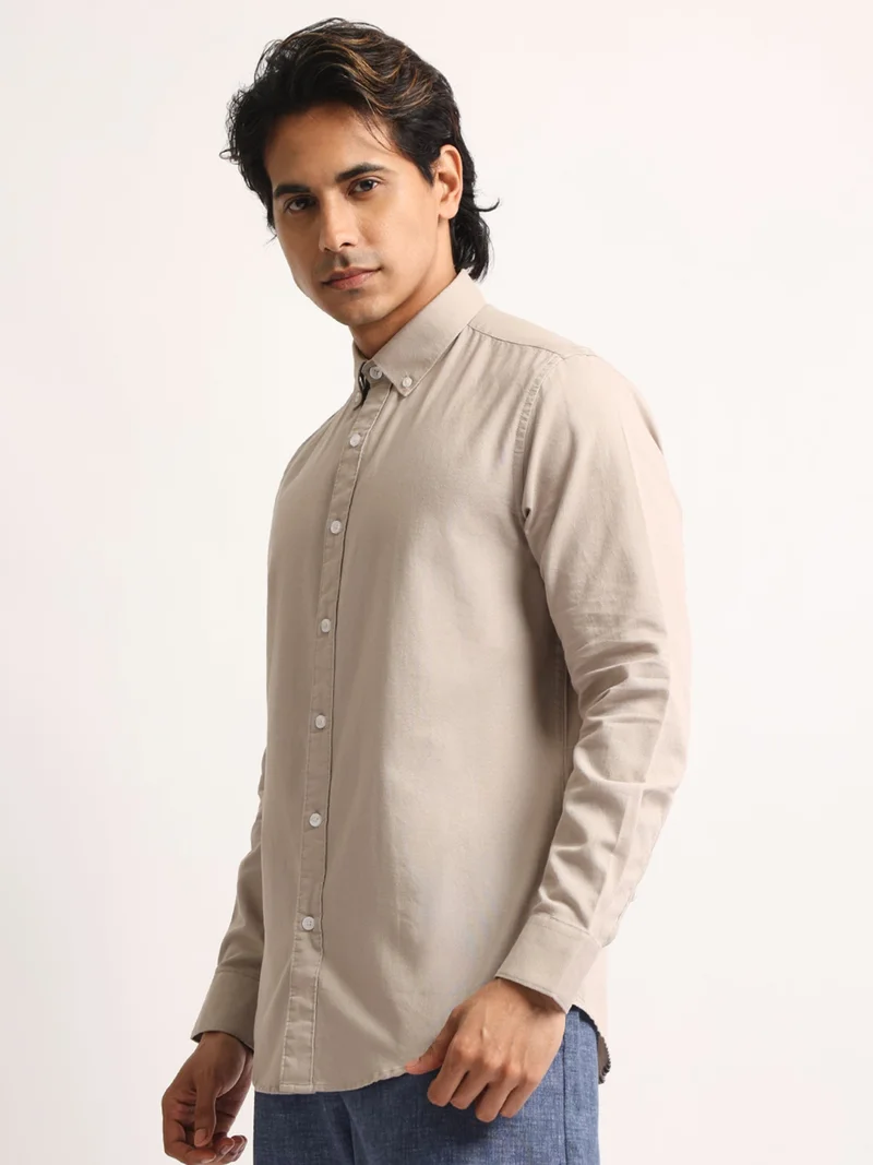 Maniac  Maniac Mens Solid Collared Neck Full Sleeve Oxford Linen Blend Fabric Taupe Shirt for Men | Best Price UAE
