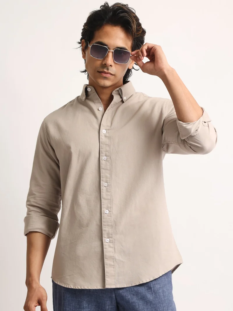 Maniac  Maniac Mens Solid Collared Neck Full Sleeve Oxford Linen Blend Fabric Taupe Shirt for Men | Best Price UAE