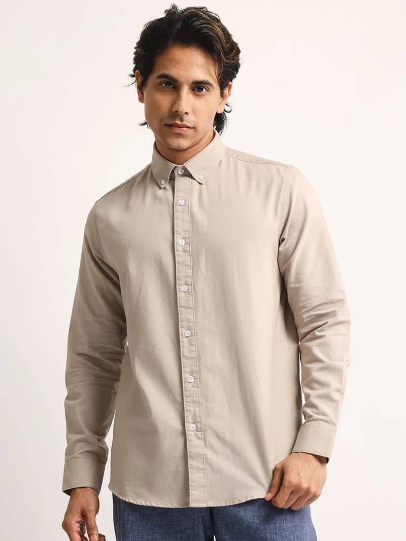 Maniac Mens Solid Collared Neck Full Sleeve Oxford Linen Blend Fabric Taupe Shirt