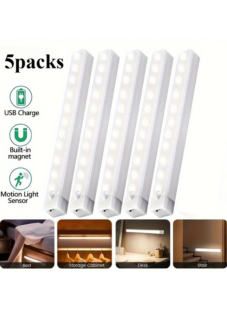 ارواق طقم 5 مصابيح LED بحساس حركة لخزائن، إضاءة لاسلكية قابلة لإعادة الشحن عبر USB، إضاءة ليلية مغناطيسية لاصقة بجهد 5V للممرات، المطبخ، الدرج، والخزائن لتزيين المنزل (10 سم، ضوء بارد) - Image 1