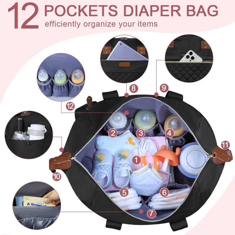 Pritent Diaper Bag Tote, Diaper Baby Bags with Pacifier Case, Shoulder Straps, Stroller Clips, Waterproof Large Mommy Maternity Travel Baby Tote for Mom and Dad, black - Image 4