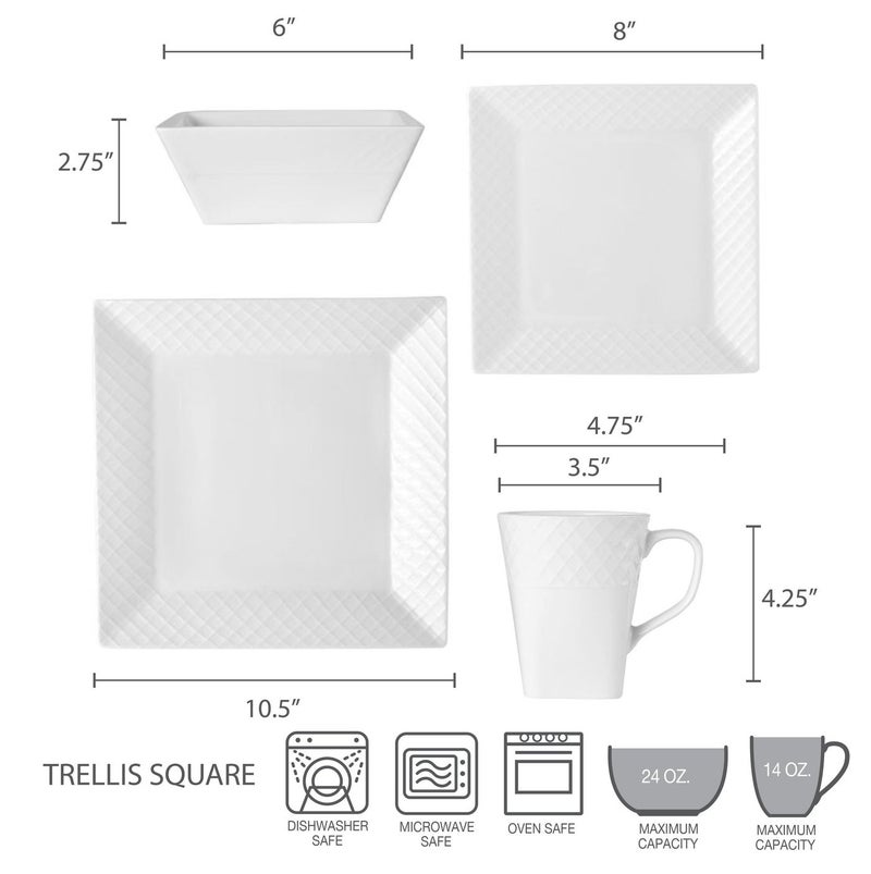 Mikasa Trellis White Square 16 Piece Dinnerware Set, Service For 4 - Image 4