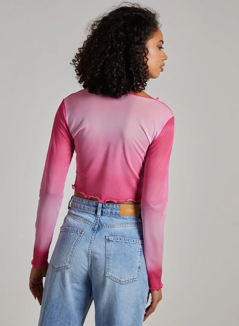 Pink Vanilla Ombre Exposed Long Sleeve Mesh Crop Top