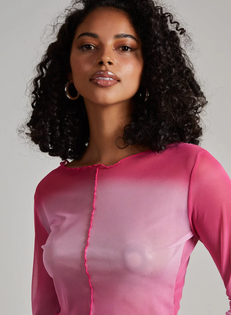 Pink Vanilla Ombre Exposed Long Sleeve Mesh Crop Top