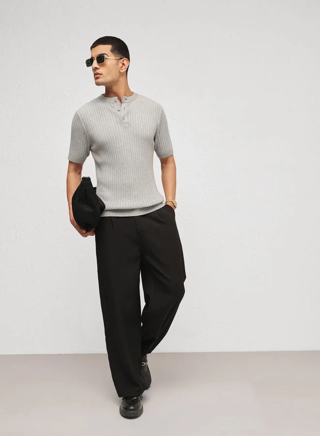ساسافراس Men Grey Rib Relaxed Fit Henley T-Shirt