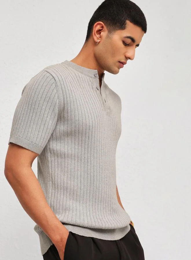 ساسافراس Men Grey Rib Relaxed Fit Henley T-Shirt