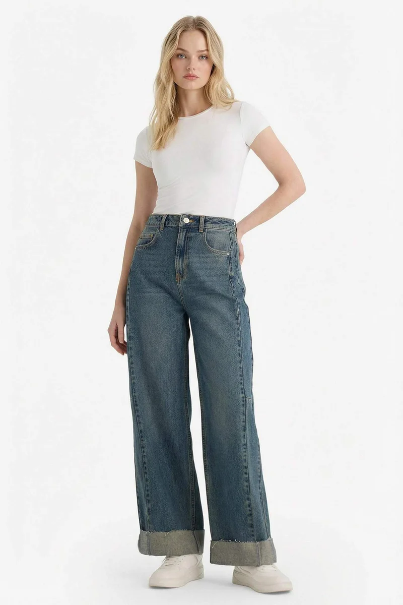 DeFacto 100% Cotton Barrel Fit High Waist Straight Leg Jeans