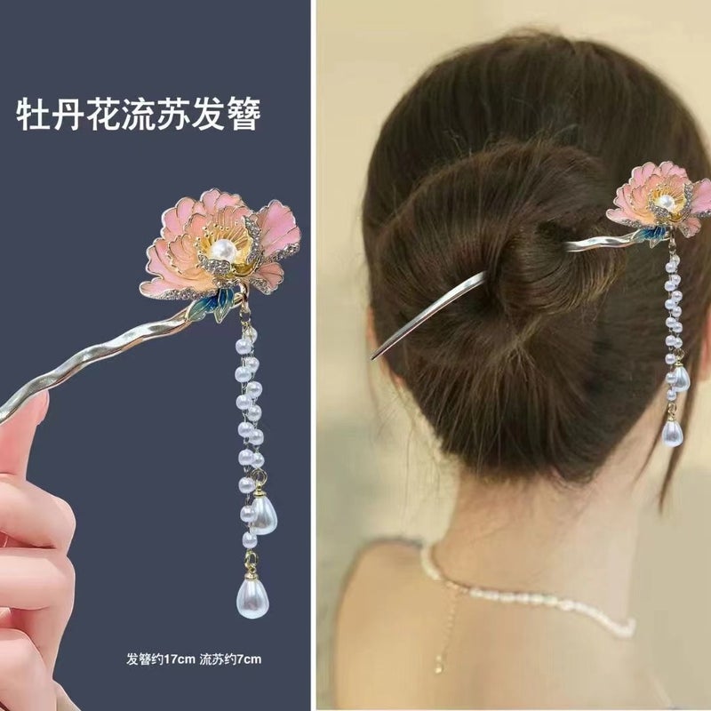 Generic Elegant Tassel Hairpin with Traditional Chinese Style Peony fringed hairpin 