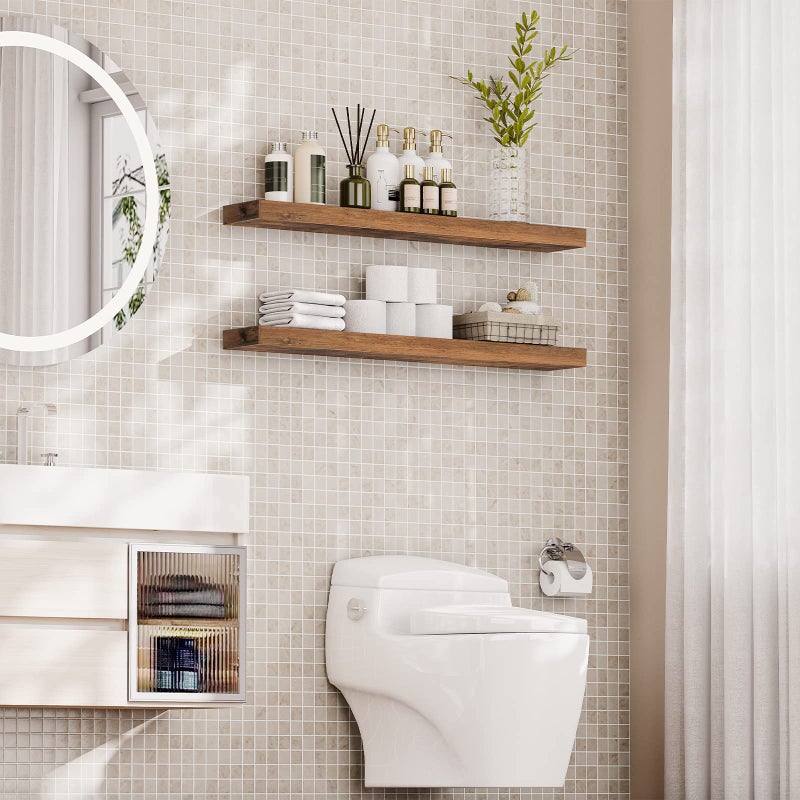 HOOBRO Floating Shelves for Wall, Wall Mounted Shelf Set of 2, 47.2" Hanging Shelf with Invisible Brackets, for Wall in Bathroom, Bedroom, Toilet, Kitchen, Living Room, Rustic Brown BF120BJP201 - Image 3