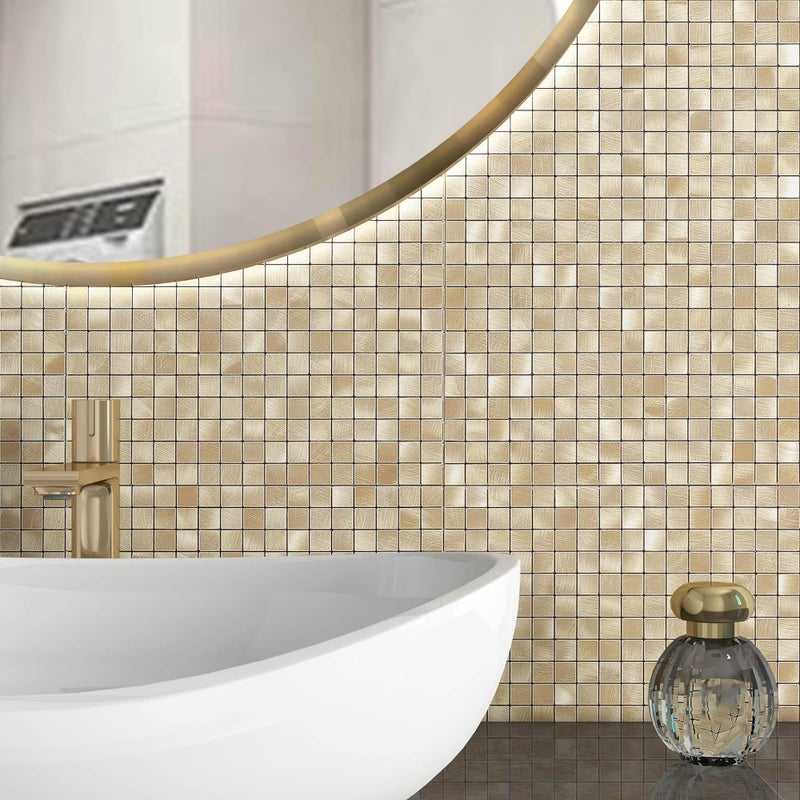 BeNice Peel and Stick Backsplash Tile Stickers, Kitchen Bathroom Wall Adhesive Small Metal Tiles Square-10sheets Champagne Gold - Image 1