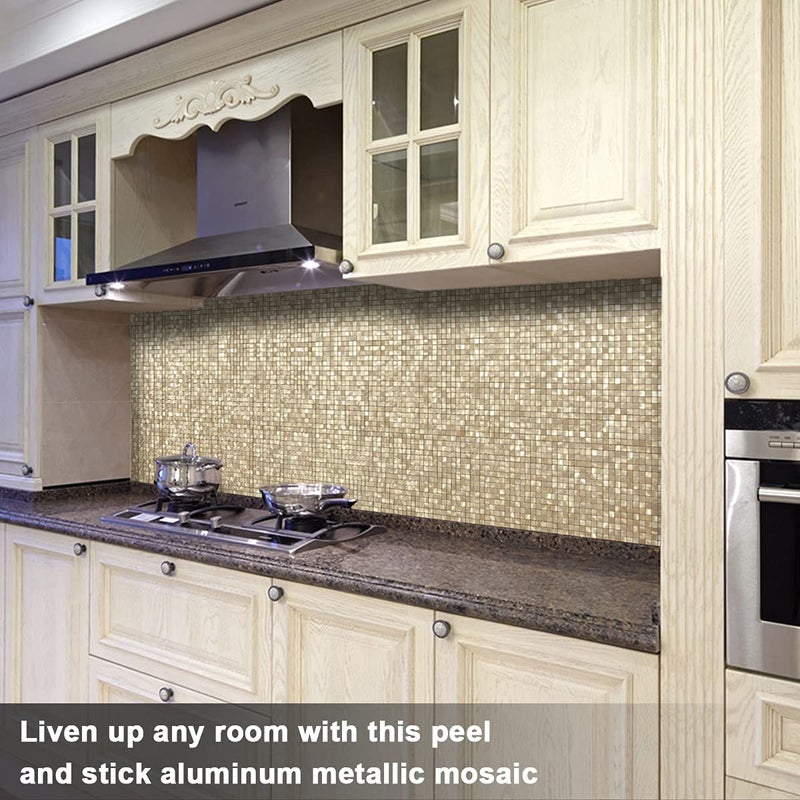 BeNice Peel and Stick Backsplash Tile Stickers, Kitchen Bathroom Wall Adhesive Small Metal Tiles Square-10sheets Champagne Gold - Image 3