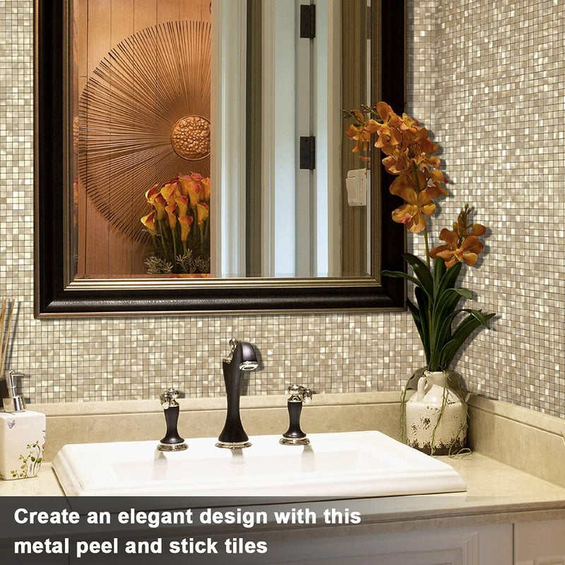 BeNice Peel and Stick Backsplash Tile Stickers, Kitchen Bathroom Wall Adhesive Small Metal Tiles Square-10sheets Champagne Gold - Image 4