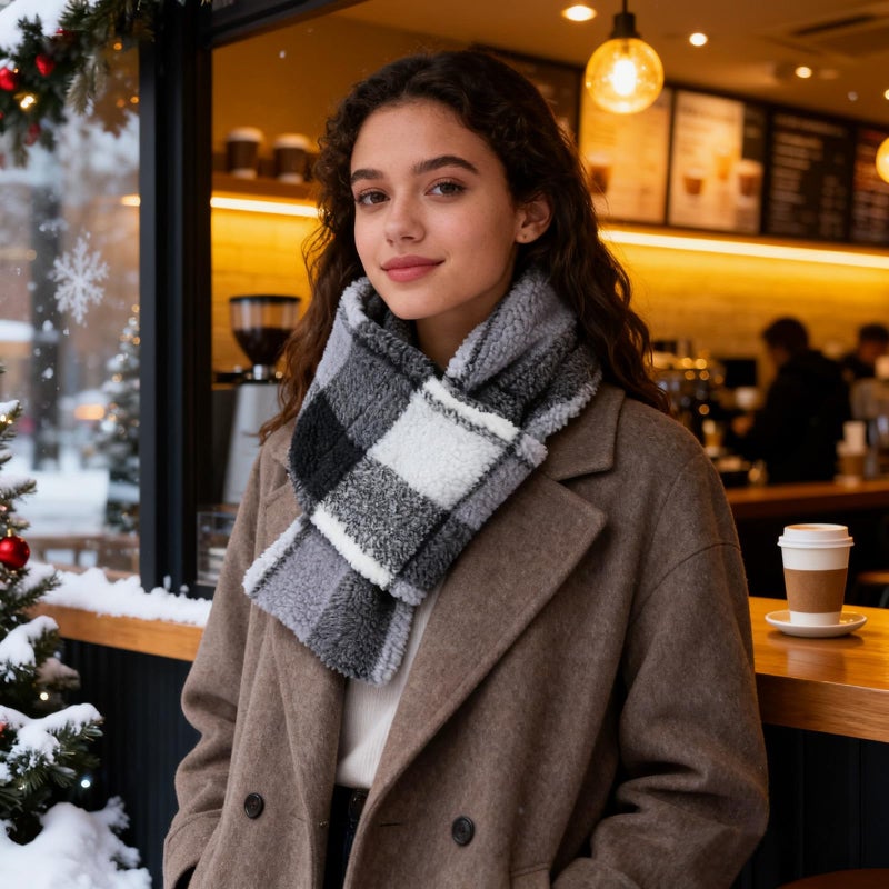 PESAAT Women Winter Scarf Fleece Lady Neck Warmer Classic Scarves for Women Cold Weather (Gray Plaid) - Image 2