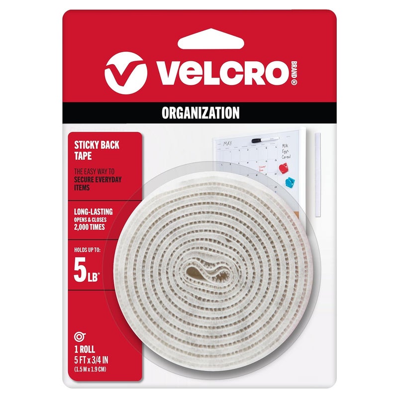 Velcro علامة 5 قدم × 3/4 بوصة | لفة شريط أبيض مع لاصق | قطع الشرائط إلى الطول | مثبتات هوك وحلقة ذات ظهر لاصق | مثالي للمنزل أو المكتب أو الفصل الدراسي - Image 1