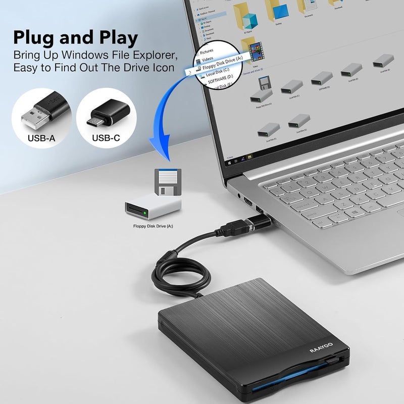 RAAYOO Floppy Disk Reader 3.5 inch USB A/C Floppy Disk Drive for PC Laptop Computer with Windows 11/10/7/XP, External Portable Floppy Disc Drive (Brushed Striation) - Image 3