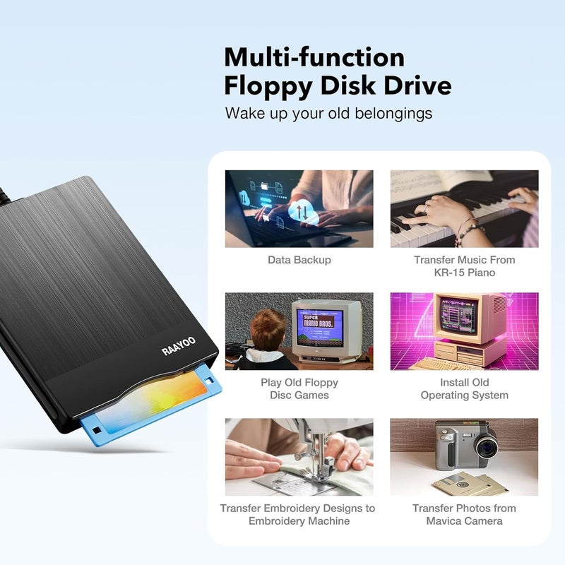 RAAYOO Floppy Disk Reader 3.5 inch USB A/C Floppy Disk Drive for PC Laptop Computer with Windows 11/10/7/XP, External Portable Floppy Disc Drive (Brushed Striation) - Image 4