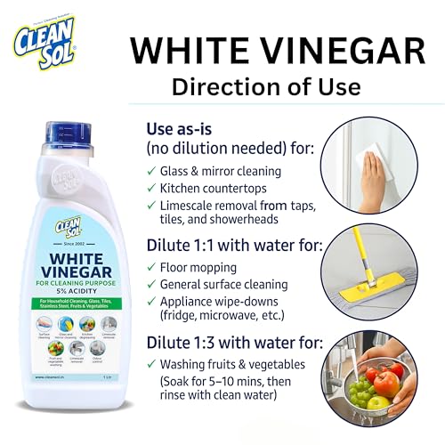 Cleansol White Vinegar for Cleaning Purpose – 1 Litre | 5% Vinegar for Household Use | Safe for Fruits & Vegetable Washing | Glass, Tile, Kitchen & Surface Cleaner - Image 3