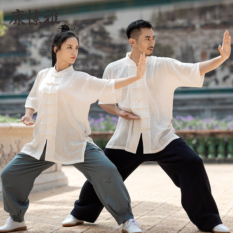 Wholesale Summer New Short-sleeved Tai Chi Suit Women's Wushu Performance Training Suit Men's Loose Retro Tai Chi Suit - Image 2