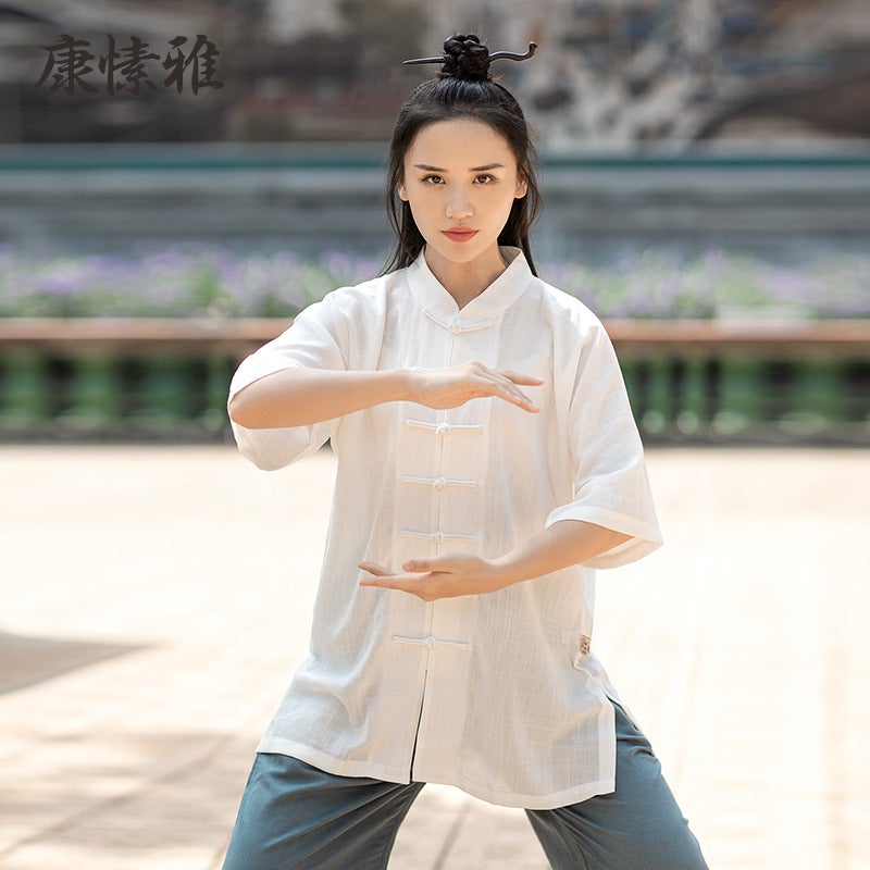 Wholesale Summer New Short-sleeved Tai Chi Suit Women's Wushu Performance Training Suit Men's Loose Retro Tai Chi Suit - Image 5