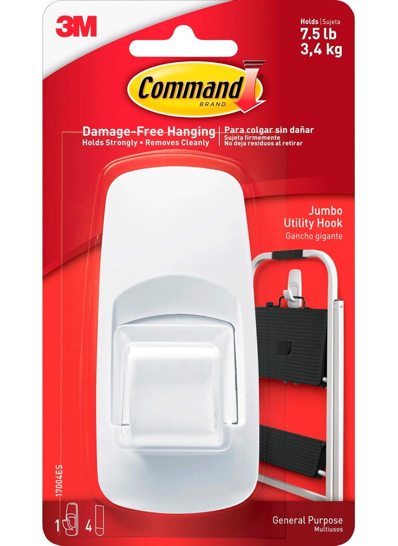 Command Command Plastic Jumbo Utilty Wall Hooks Up To 34Kg Holds Strongly Heavy Duty Reusable Adhesive Hooks For Wall MultiSurface Damage Free Hooks For Hanging White 1Hook 4 Strips  - Image 1