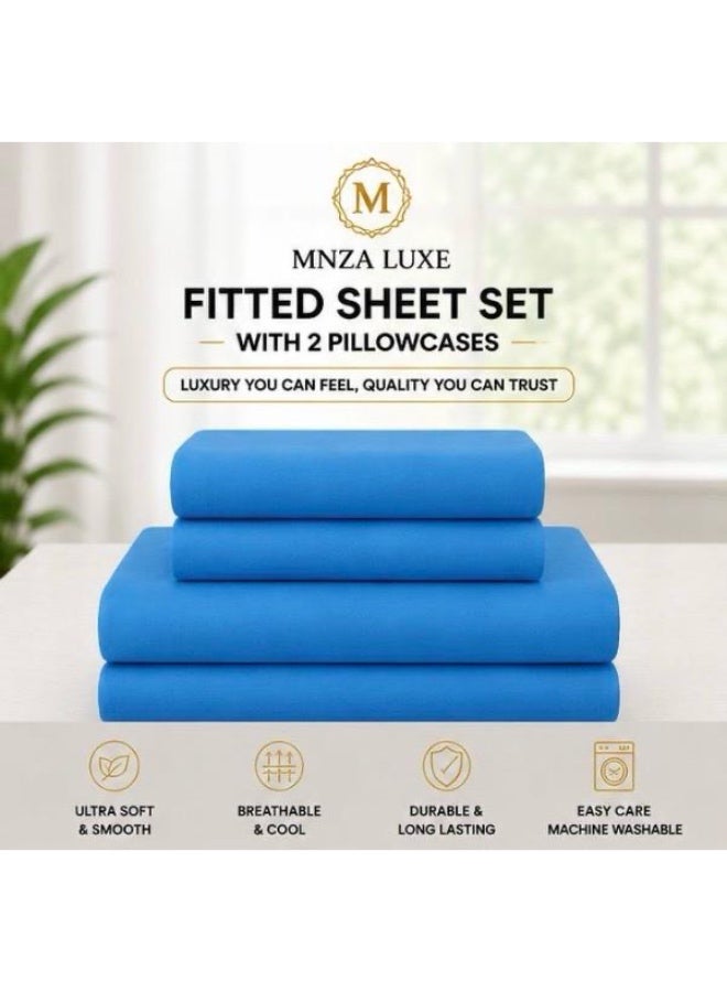 طقم ملاءة سرير مطاطية سادة من الألياف الدقيقة من MNZA LUXE، ملاءة مطاطية واحدة + غطاءا وسادة | ناعم للغاية، قابل للتهوية، مقاوم للتجاعيد | أزرق - Image 4