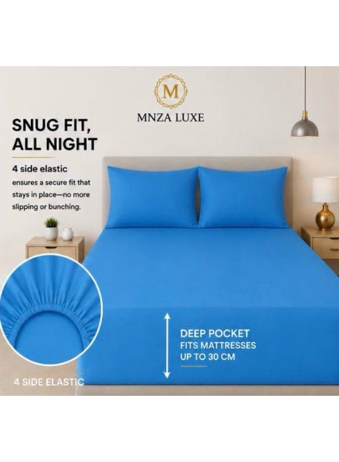 طقم ملاءة سرير مطاطية سادة من الألياف الدقيقة من MNZA LUXE، ملاءة مطاطية واحدة + غطاءا وسادة | ناعم للغاية، قابل للتهوية، مقاوم للتجاعيد | أزرق - Image 1