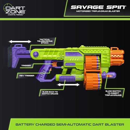 DART ZONE Savage Spin SemiAuto Foam Dart Blaster  45Dart TripleDrum Motorized Foam Dart Gun  NERF Dart Compatible Soft Bullet Toy Gun for Kids w 90 Darts  AKA Adventure Force Gun  80 ft Range - Image 5