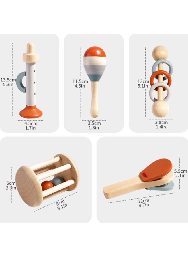 Wooden Baby Hand Grip Bells Rattles Musical Instruments Toddler Early Learning Pacifying Bed Bells Toys - 5 Pcs/Set - Image 3